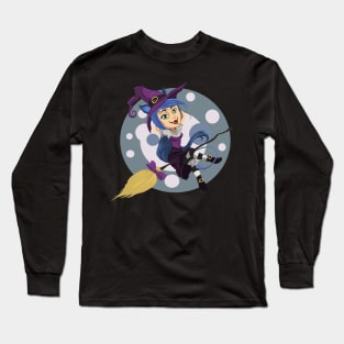 Catwoman Witch Hybrid Chilling on Broomstick Long Sleeve T-Shirt